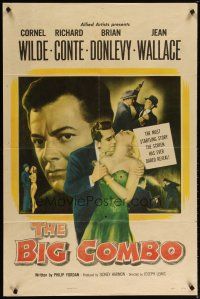 2j086 BIG COMBO 1sh '55 art of Cornel Wilde & sexy Jean Wallace, classic film noir!