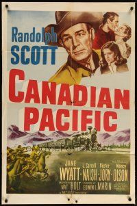 2j143 CANADIAN PACIFIC 1sh R54 cowboy Randolph Scott, Jane Wyatt, cool art of Indian attack!