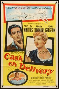 2j152 CASH ON DELIVERY 1sh '56 Shelley Winters, Peggy Cummins, you'll rockabye w/laughter
