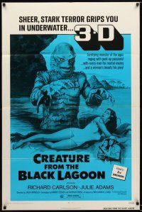 2j213 CREATURE FROM THE BLACK LAGOON 1sh R72 3-D, great art of monster attacking sexy Julie Adams!