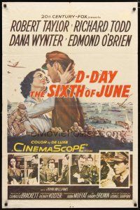 2j232 D-DAY THE SIXTH OF JUNE 1sh '56 romantic art of Robert Taylor & sexy Dana Wynter in WWII!
