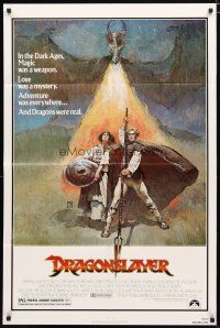 2j268 DRAGONSLAYER 1sh '81 cool Jeff Jones fantasy artwork of Peter MacNicol w/spear & dragon!