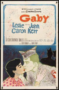 2j357 GABY 1sh '56 wonderful close up art of soldier John Kerr kissing Leslie Caron!