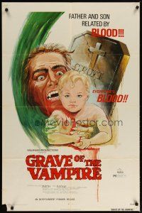 2j383 GRAVE OF THE VAMPIRE 1sh '72 wacky horror art of father & son related by everyone's blood!