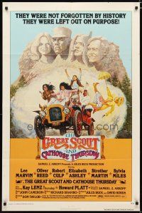 2j386 GREAT SCOUT & CATHOUSE THURSDAY 1sh '76 wacky art of Lee Marvin & cast in Mount Rushmore!