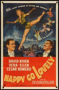 2j402 HAPPY GO LOVELY 1sh '51 art of David Niven, Vera-Ellen & Cesar Romero, musical!