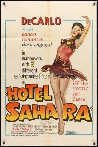 2j445 HOTEL SAHARA 1sh '51 full-length artwork of sexy exotic veil dancer Yvonne De Carlo!