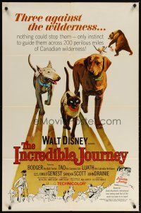 2j467 INCREDIBLE JOURNEY 1sh '63 Disney, art of Bull Terrier, Siamese cat & Labrador Retriever!