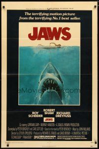 2j480 JAWS 1sh '75 art of Spielberg's classic man-eating shark attacking swimmer!