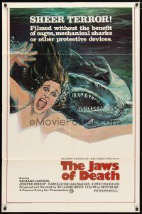 2j482 JAWS OF DEATH 1sh '76 great artwork image of shark attacking sexy girl underwater!