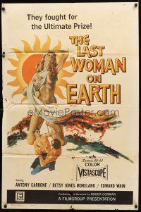 2j517 LAST WOMAN ON EARTH 1sh '60 ultra sexy artwork of near-naked girl & men fighting for her!