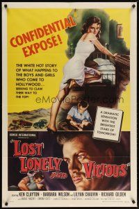 2j542 LOST, LONELY & VICIOUS 1sh '58 art of sexy barely-dressed bad girl leaning on bed!