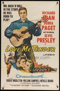 2j544 LOVE ME TENDER 1sh '56 1st Elvis Presley, artwork with Debra Paget & playing guitar!