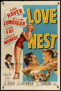 2j545 LOVE NEST 1sh '51 full-length art of sexy Marilyn Monroe, William Lundigan, June Haver!