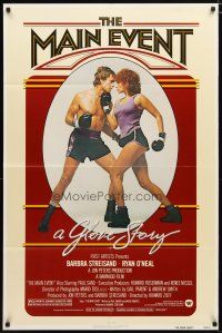 2j556 MAIN EVENT 1sh '79 great full-length image of Barbra Streisand boxing with Ryan O'Neal!