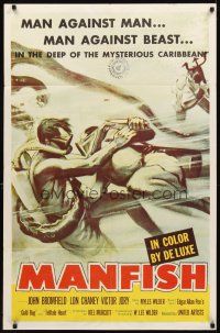 2j567 MANFISH 1sh '56 aqua-lung divers in death struggle with each other & sea creatures!