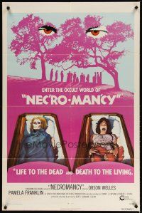 2j609 NECROMANCY pink style 1sh '72 Orson Welles, occult horror, art of girl & skeleton in coffins!