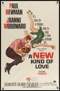 2j613 NEW KIND OF LOVE 1sh '63 Paul Newman loves Joanne Woodward, great romantic image!