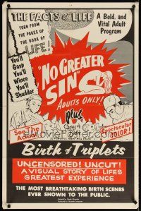 2j620 NO GREATER SIN/BIRTH OF TRIPLETS 1sh '66 pseudo-documentaries giving the facts of life!
