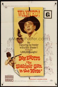 2j763 SHAKIEST GUN IN THE WEST 1sh '68 Barbara Rhoades with rifle, Don Knotts on wanted poster!