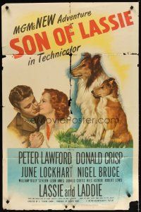 2j793 SON OF LASSIE 1sh '45 Peter Lawford, art of the classic canine star & puppy!