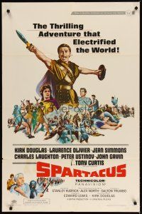 2j803 SPARTACUS style B 1sh R67 classic Stanley Kubrick & Kirk Douglas epic, cool gladiator artwork!