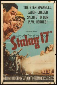 2j811 STALAG 17 1sh '53 William Holden, Robert Strauss, Billy Wilder WWII POW classic!