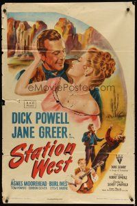 2j824 STATION WEST style A 1sh '48 cowboy Dick Powell loves Jane Greer; Burl Ives with guitar!