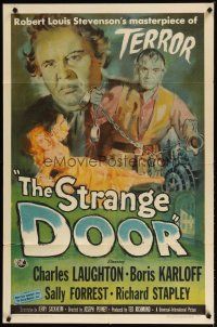 2j834 STRANGE DOOR 1sh '51 art of chained Boris Karloff, Charles Laughton & sexy Sally Forrest!