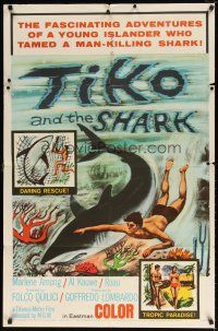 2j900 TIKO & THE SHARK 1sh '64 man tames killer, cool swimming with shark image!