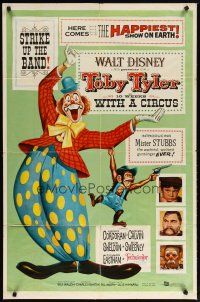 2j907 TOBY TYLER 1sh '60 Walt Disney, art of wacky circus clown, Mister Stubbs w/revolver!