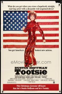 2j911 TOOTSIE advance 1sh '82 full-length Dustin Hoffman in drag by American flag!