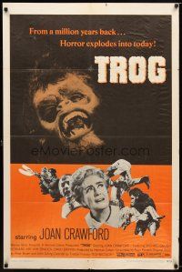 2j919 TROG 1sh '70 Joan Crawford & prehistoric monsters, wacky horror explodes into today!