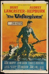 2j926 UNFORGIVEN 1sh '60 Burt Lancaster, Audrey Hepburn, directed by John Huston!