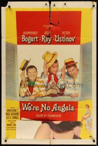 2j957 WE'RE NO ANGELS 1sh '55 art of Humphrey Bogart, Aldo Ray & Peter Ustinov tipping their hats!