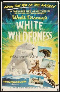 2j965 WHITE WILDERNESS 1sh '58 Disney, cool art of polar bear & arctic animals on top of world!