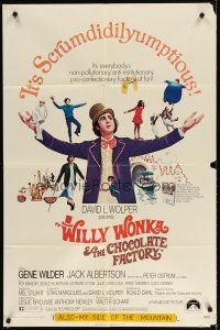 2j973 WILLY WONKA & THE CHOCOLATE FACTORY 1sh '71 Gene Wilder, it's scrumdidilyumptious!