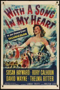 2j979 WITH A SONG IN MY HEART 1sh '52 artwork of elegant Susan Hayward as singer Jane Froman!