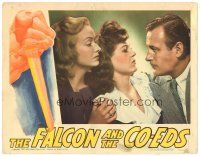 2k466 FALCON & THE CO-EDS LC '43 detective Tom Conway staring at Jean Brooks & Rita Corday!