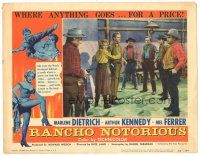 2k783 RANCHO NOTORIOUS LC #2 '52 Marlene Dietrich tries to protect Mel Ferrer, Fritz Lang!