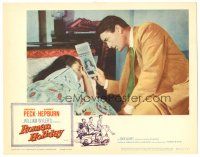 2k802 ROMAN HOLIDAY LC #1 R60 Audrey Hepburn in bed, Gregory Peck w/announcement!
