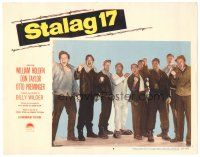 2k858 STALAG 17 LC #8 '53 Wilder, posed portrait of William Holden & POWs shouting defiantly!