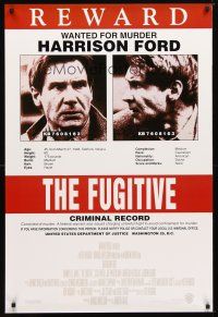2m298 FUGITIVE recalled int'l 1sh '93 Harrison Ford is on the run, cool wanted poster!