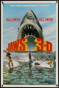 2m401 JAWS 3-D 1sh '83 great Gary Meyer shark artwork, the third dimension is terror!