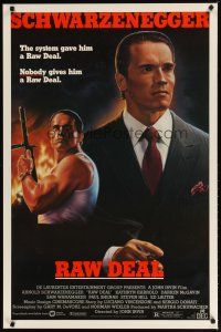 2m617 RAW DEAL 1sh '86 art of tough guy Arnold Schwarzenegger with gun & in suit!