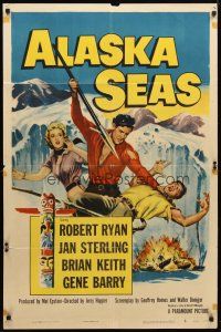 2t026 ALASKA SEAS 1sh '54 cool art of Robert Ryan attacking man with harpoon!