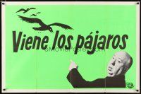 2t090 BIRDS Spanish/U.S. teaser 1sh '63 image of Alfred Hitchcock saying they're coming!