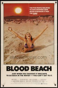 2t104 BLOOD BEACH 1sh '80 classic Jaws parody image of sexy girl in bikini sinking in quicksand!