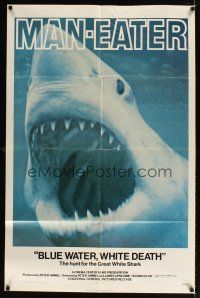 2t108 BLUE WATER, WHITE DEATH 1sh '71 cool super close image of great white shark with open mouth!