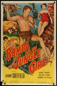 2t115 BOMBA & THE JUNGLE GIRL 1sh '53 great c/u of Johnny Sheffield with spear & sexy Karen Sharpe!